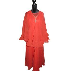 Dan Lee Couture Red Chiffon Crystal Embellished sleeveless dress with sheer cape